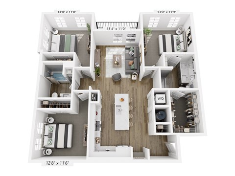 Floor plan for 3 beds, 2 baths, 1349 sqft